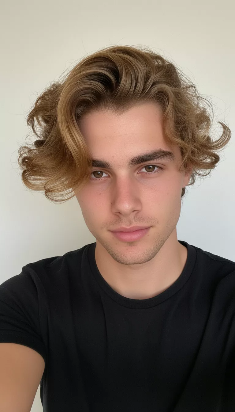 selfie of a 26-year-old man wearing a black shirt with a voluminous wavy golden brown hair swept to the side hairstyle, front side view, minimal background