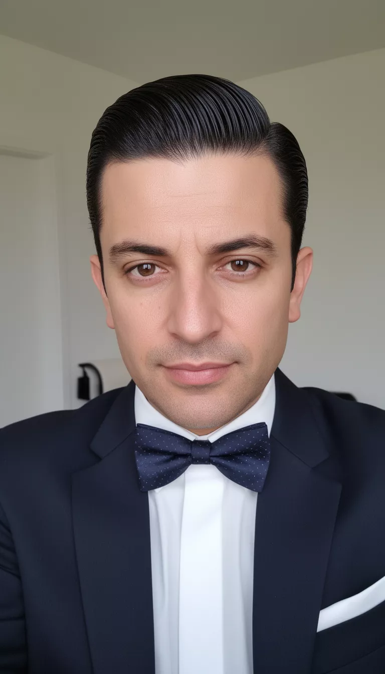 selfie of a 39-year-old man wearing a suit and bow tie with a dark hair slicked back with a side part hairstyle, front focus, minimal background