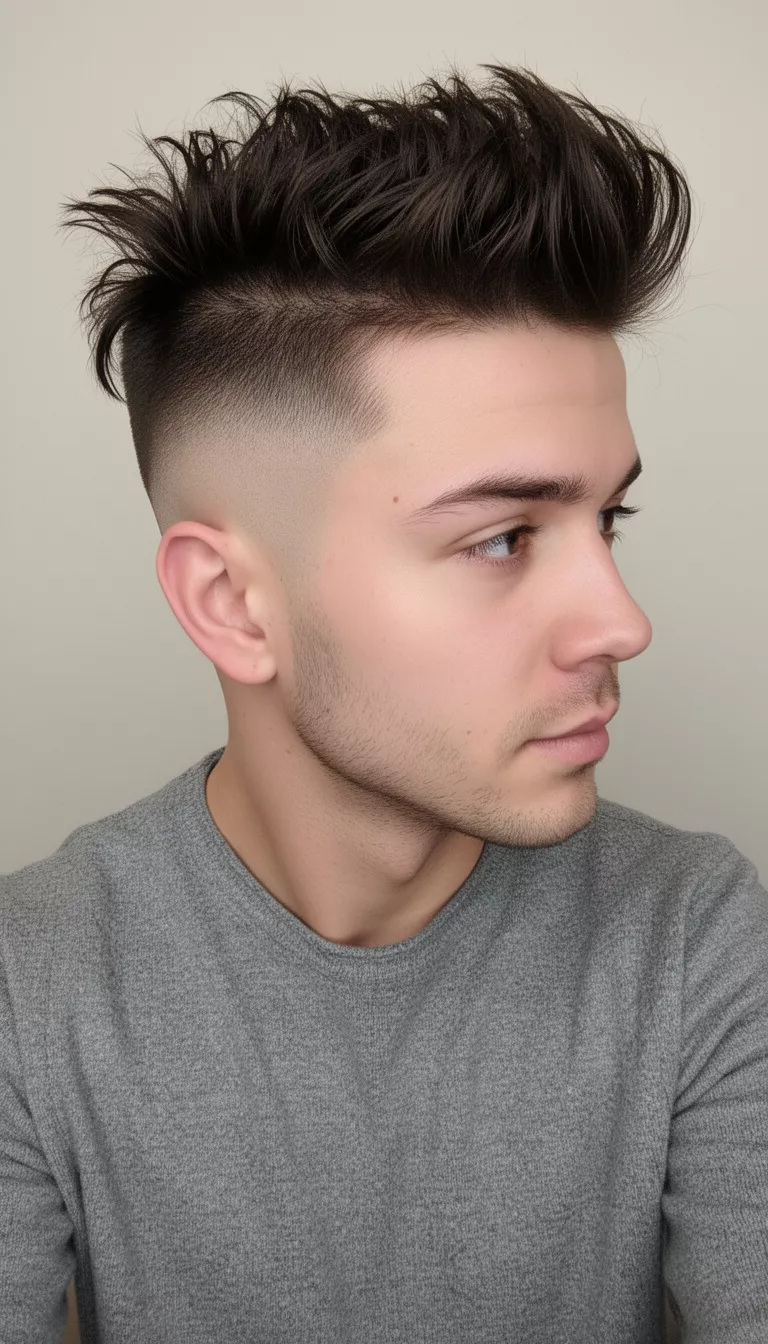 selfie of a 25-year-old man wearing a grey top with a dark brown hair styled up and slightly messy with a high fade hairstyle, side view, minimal background