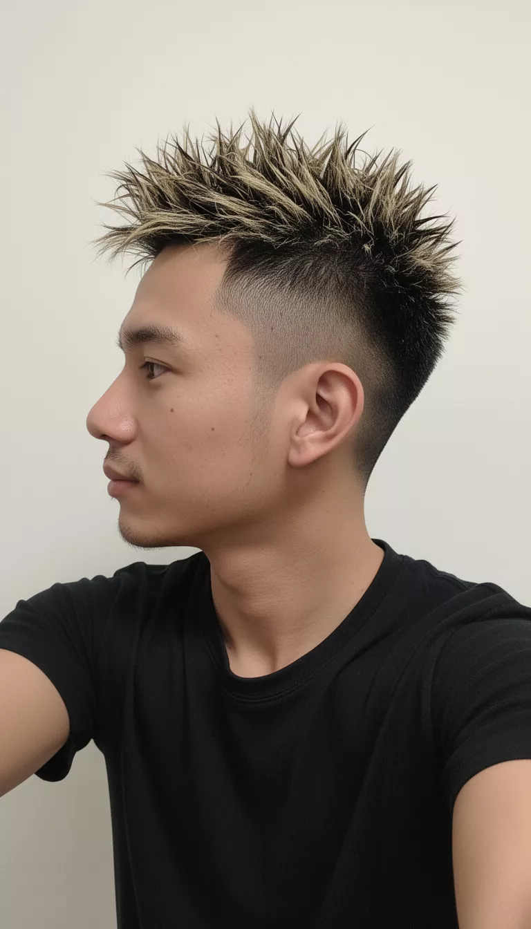 selfie of a 25-year-old man wearing a black shirt with a spiky textured short dark hair with blonde highlights hairstyle, side profile view, minimal background
