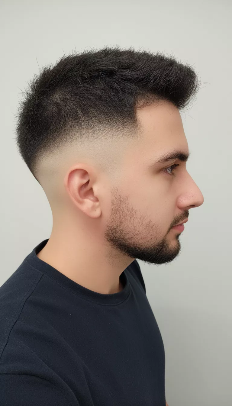 selfie of a 33-year-old man wearing a dark top with a textured dark hair with a noticeable high skin fade hairstyle, side profile view, minimal background