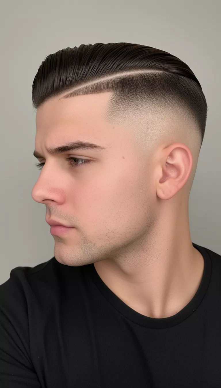 selfie of a 28-year-old man wearing a black shirt with a dark brown hair slicked to the side with a hard part and a skin fade hairstyle, side profile view, minimal background