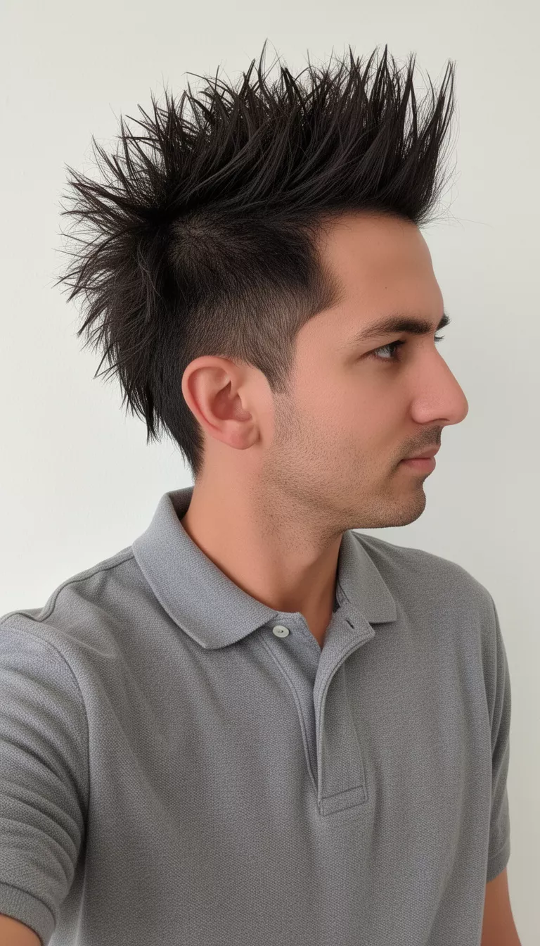 selfie of a 30-year-old man wearing a grey polo shirt with a messy spiky dark hair styled up hairstyle, side profile view, minimal background