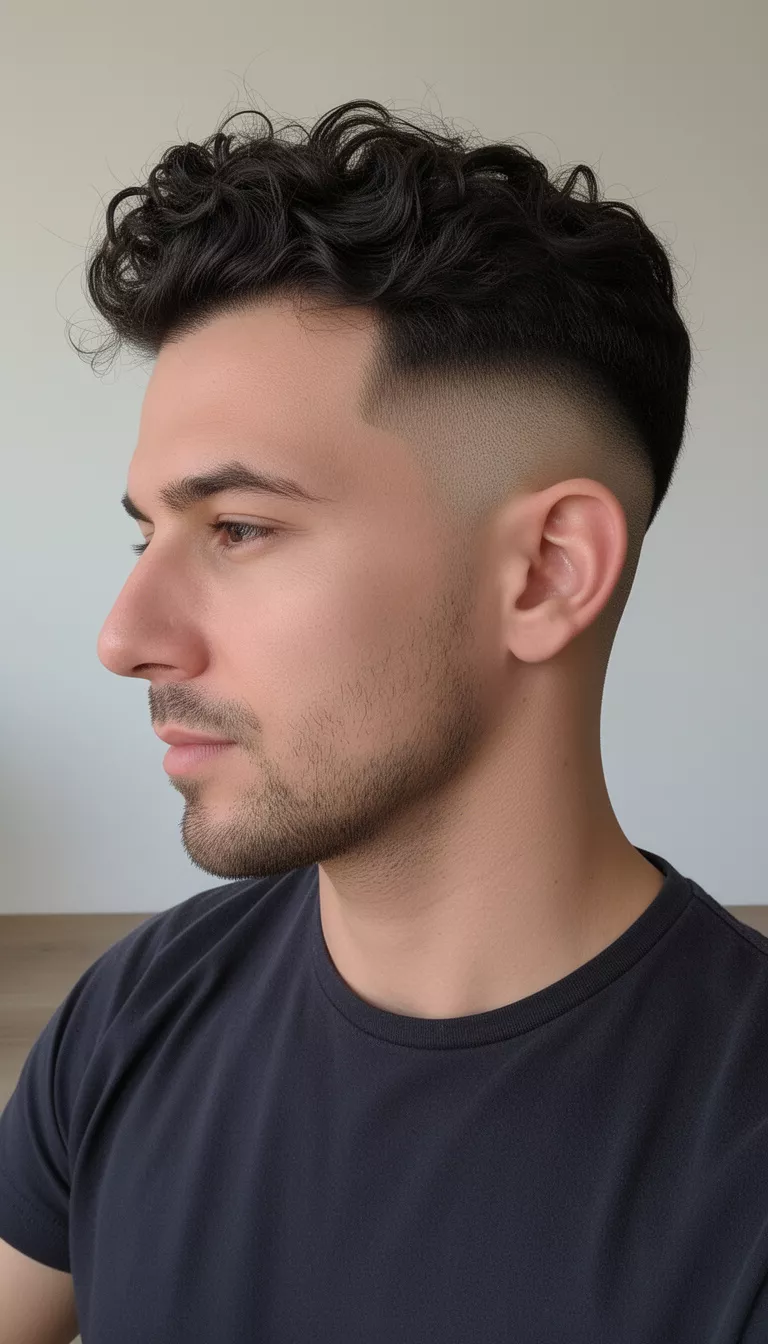 selfie of a 36-year-old man wearing a dark tee with a longer wavy dark hairstyle on top with a mid fade hairstyle, side profile view, minimal background