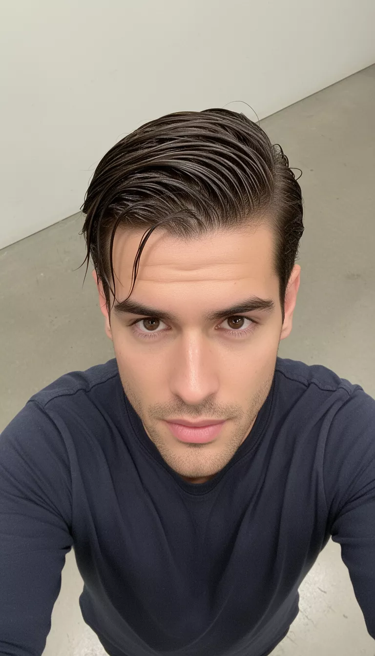 selfie of a 27-year-old man wearing a dark shirt with a wet look dark brown hair combed neatly to the side hairstyle, top down view, minimal background