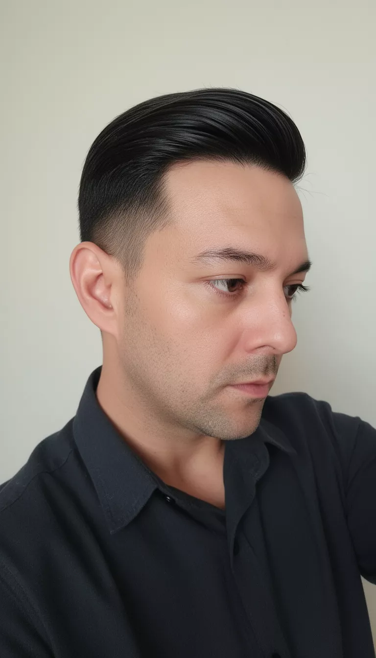 selfie of a 41-year-old man wearing a dark shirt with a dark neatly combed hair parted on the side hairstyle, side profile, minimal background