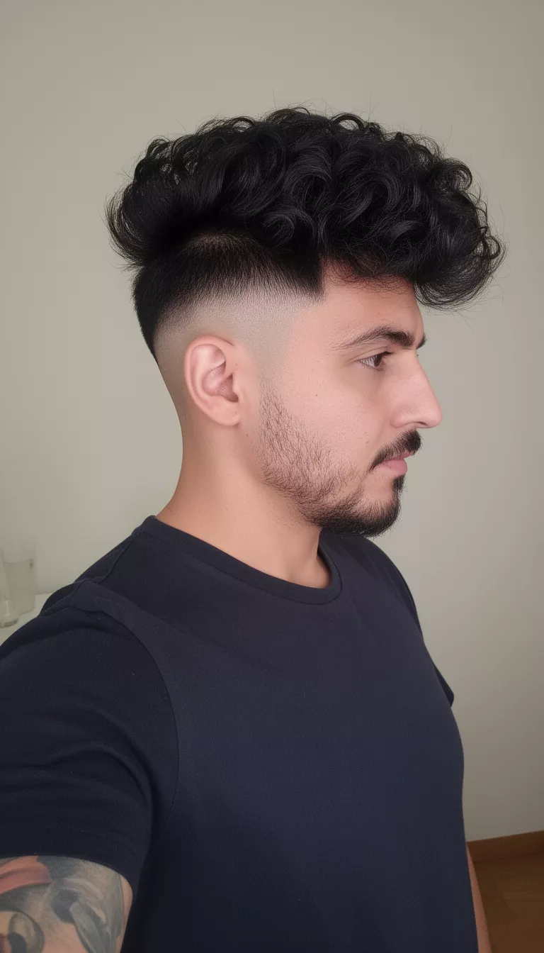 selfie of a 33-year-old man wearing a dark shirt with a dark voluminous textured pomp on top and disconnected undercut hairstyle, side profile view, minimal background