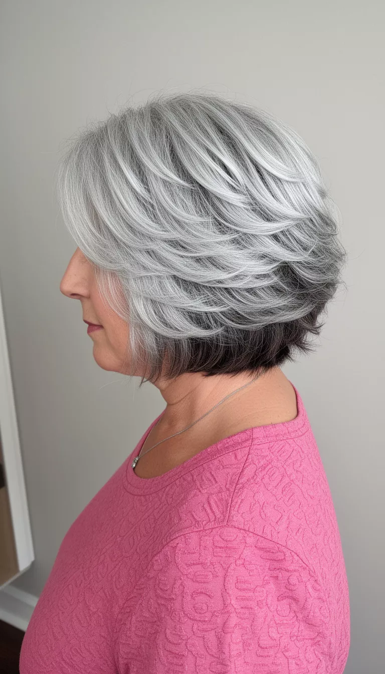 selfie of a 68-year-old woman wearing a pink textured top with a voluminous silver, layered, stacked bob hairstyle featuring darker roots, side back view, minimal background