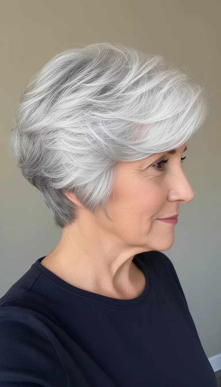 selfie of a 69-year-old woman wearing a dark top with a heavily layered, voluminous, silvery-gray/white short hairstyle with soft waves, side profile view, minimal background