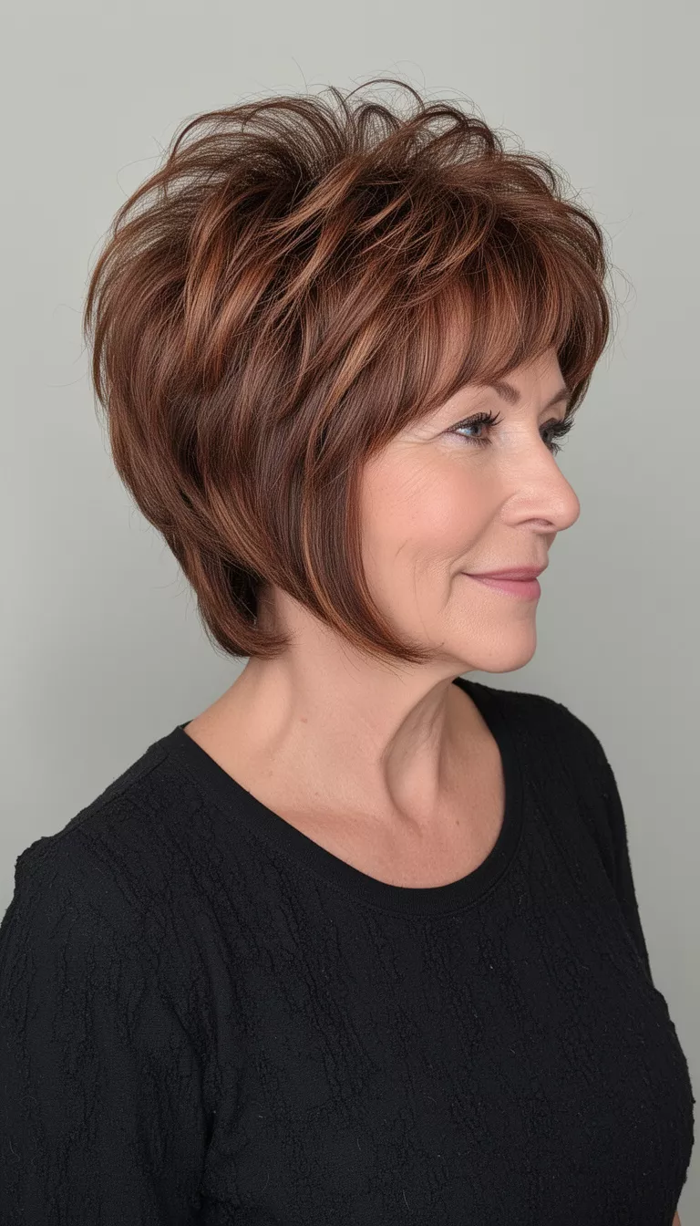 selfie of a 67-year-old woman wearing a black top with a textured, voluminous chestnut brown layered cut hairstyle featuring bangs and warm highlights, side profile view, minimal background