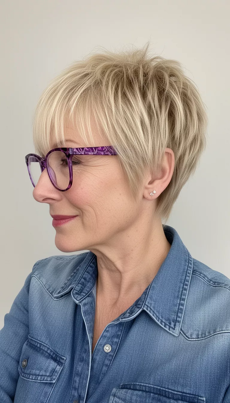 selfie of a 67-year-old woman wearing purple-patterned glasses and a denim shirt with a short, choppy, layered blonde pixie hairstyle with longer bangs, side profile view, minimal background