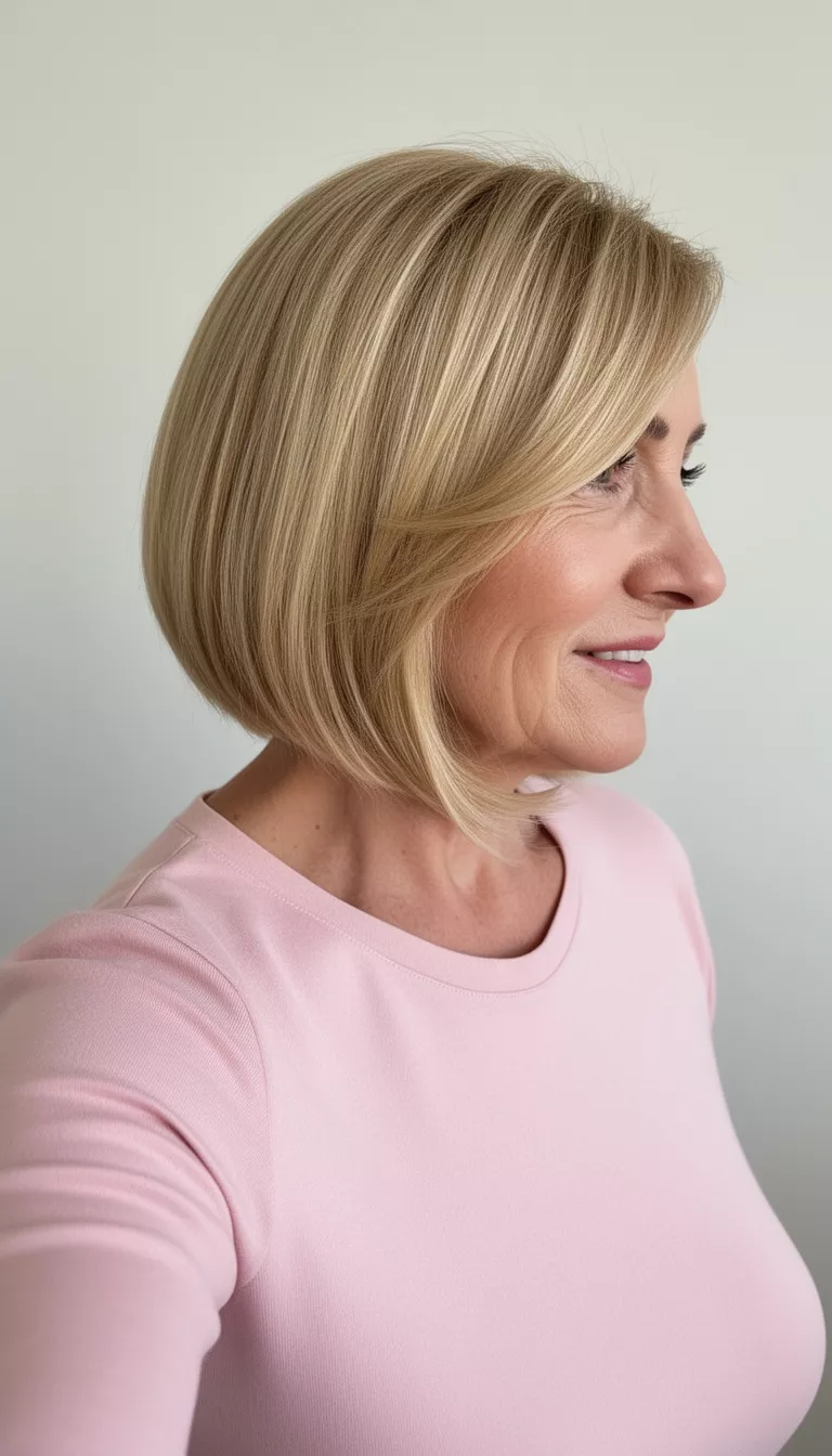 selfie of a 60-year-old woman wearing a light pink top with a long, sleek, layered, golden blonde angled bob hairstyle, side profile view, minimal background