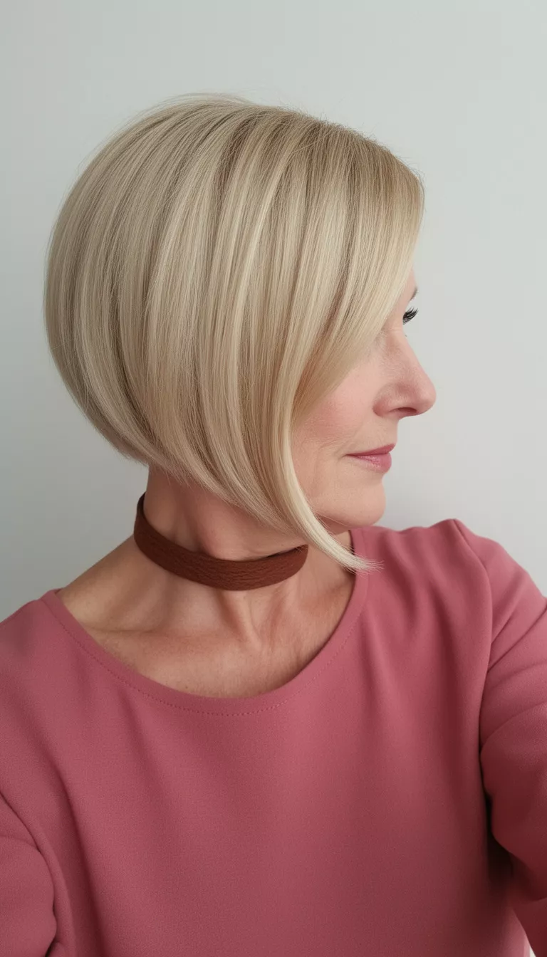 selfie of a 63-year-old woman wearing a rose pink top and brown choker with a sleek, blonde, angled bob hairstyle featuring longer side-swept bangs, side profile view, minimal background