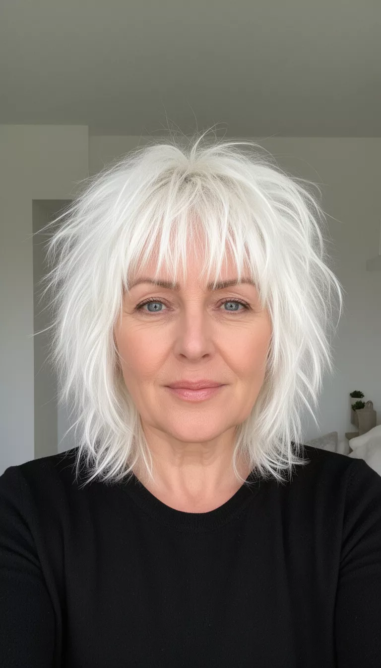 selfie of a 61-year-old woman wearing a black top with a medium-length, choppy, shaggy, bright white/platinum blonde layered cut with fringe, front view, minimal background