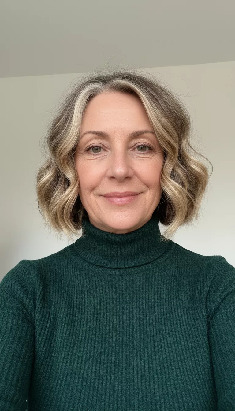 selfie of a 62-year-old woman wearing a dark green turtleneck top with a textured, shoulder-length wavy bob hairstyle in blonde and brown balayage, front view, minimal background