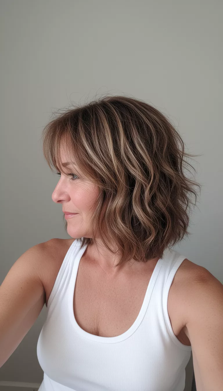 selfie of a 66-year-old woman wearing a white tank top with a mid-length, layered, choppy brown hairstyle featuring blonde highlights and textured waves, side profile view, minimal background
