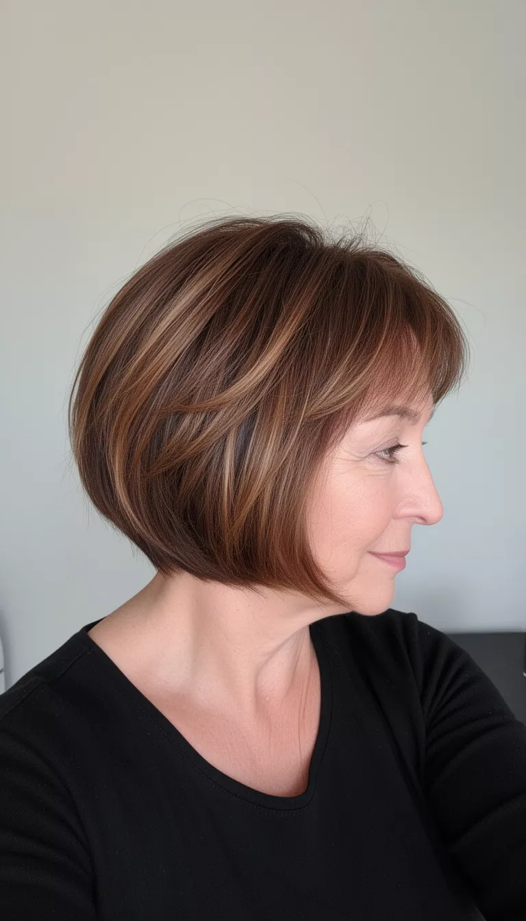 selfie of a 62-year-old woman wearing a black top with a medium brown, layered bob hairstyle with warm highlights, cut to chin-length, side profile view, minimal background