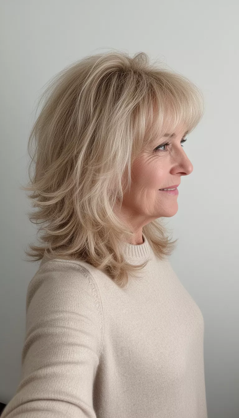 selfie of a 63-year-old woman wearing a light beige sweater with a voluminous, layered, shaggy blonde hairstyle reaching mid-length, side view, minimal background
