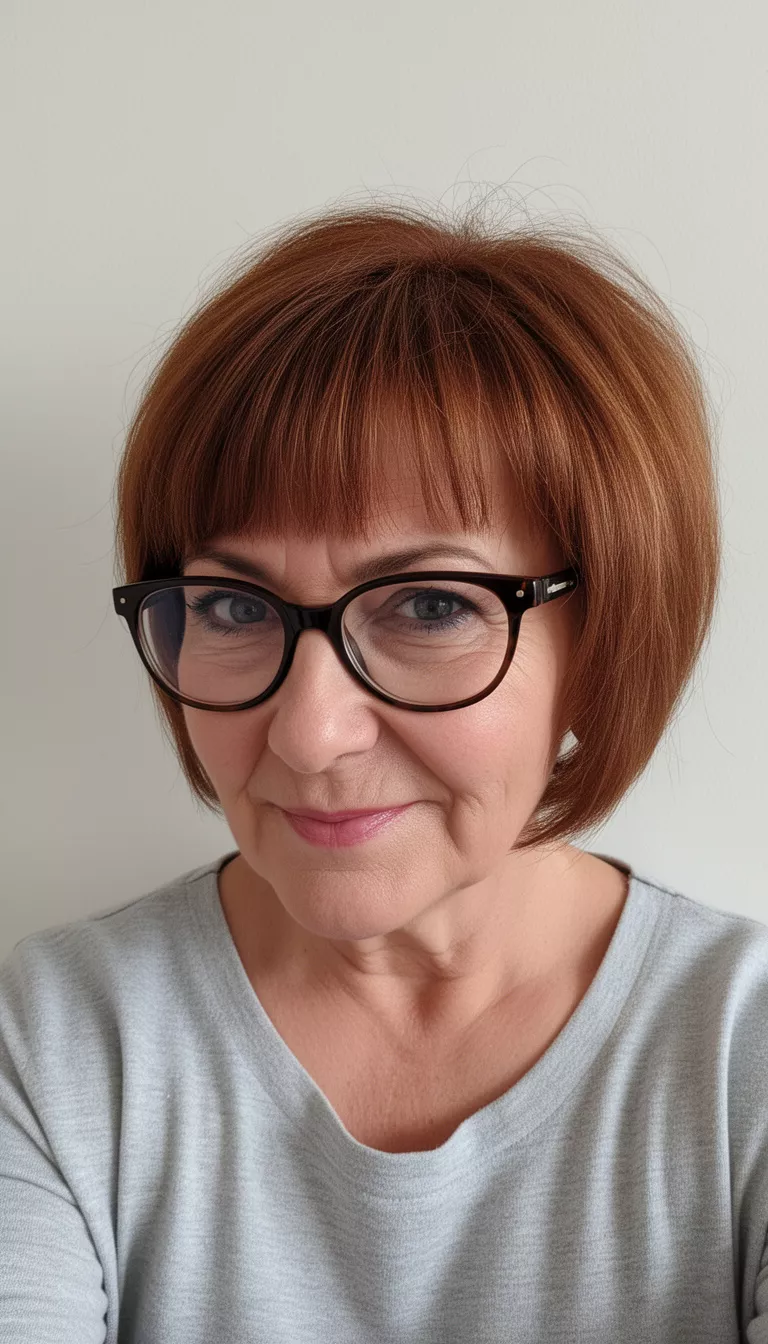 selfie of a 64-year-old woman wearing dark-rimmed glasses and a light gray top with an auburn-brown, short, layered hairstyle with bangs, front-facing profile view, minimal background