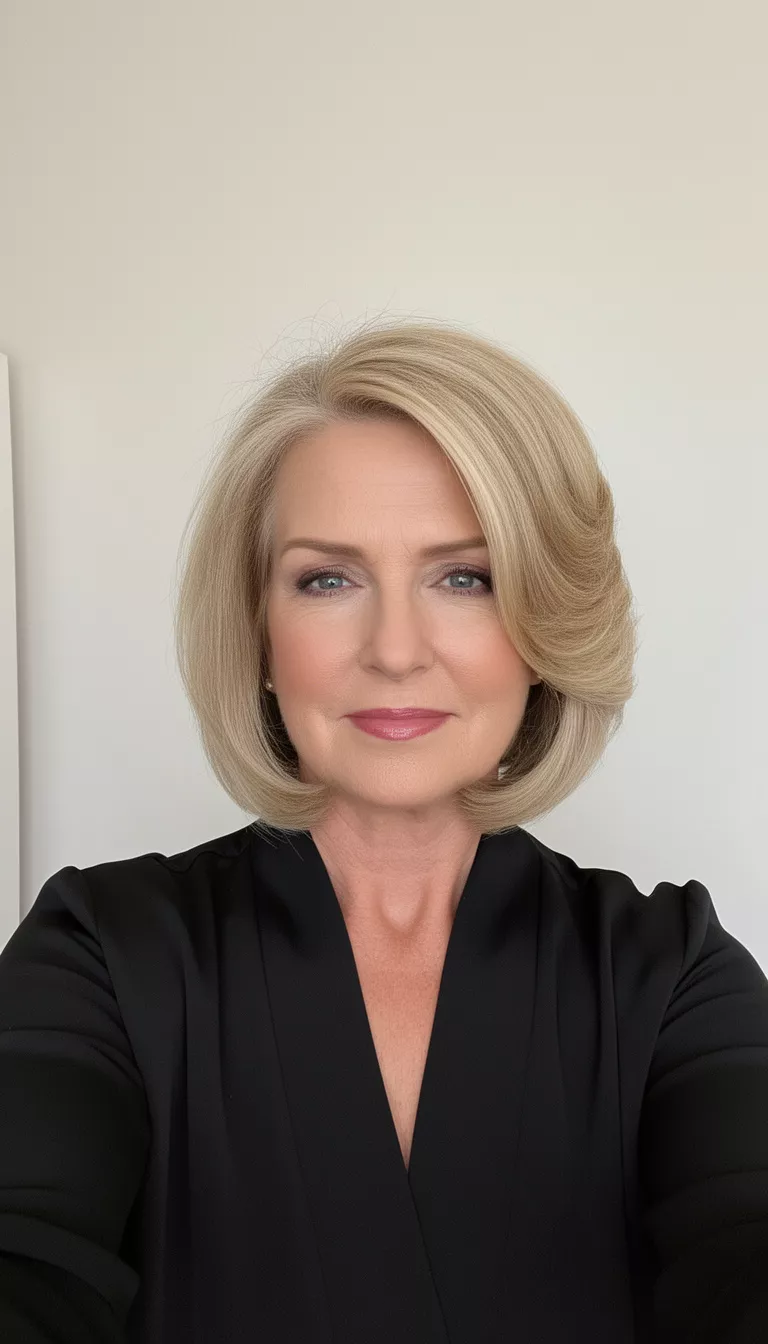 selfie of a 60-year-old woman wearing a black robe with a sleek, voluminous, medium-length blonde bob hairstyle featuring face-framing layers expertly curled outward, front view, minimal background