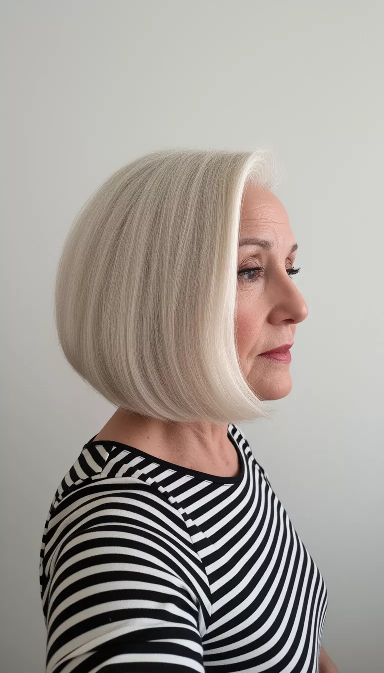 selfie of a 67-year-old woman wearing a black and white striped top with a long, stacked, voluminous platinum blonde angled bob hairstyle, side view, minimal background