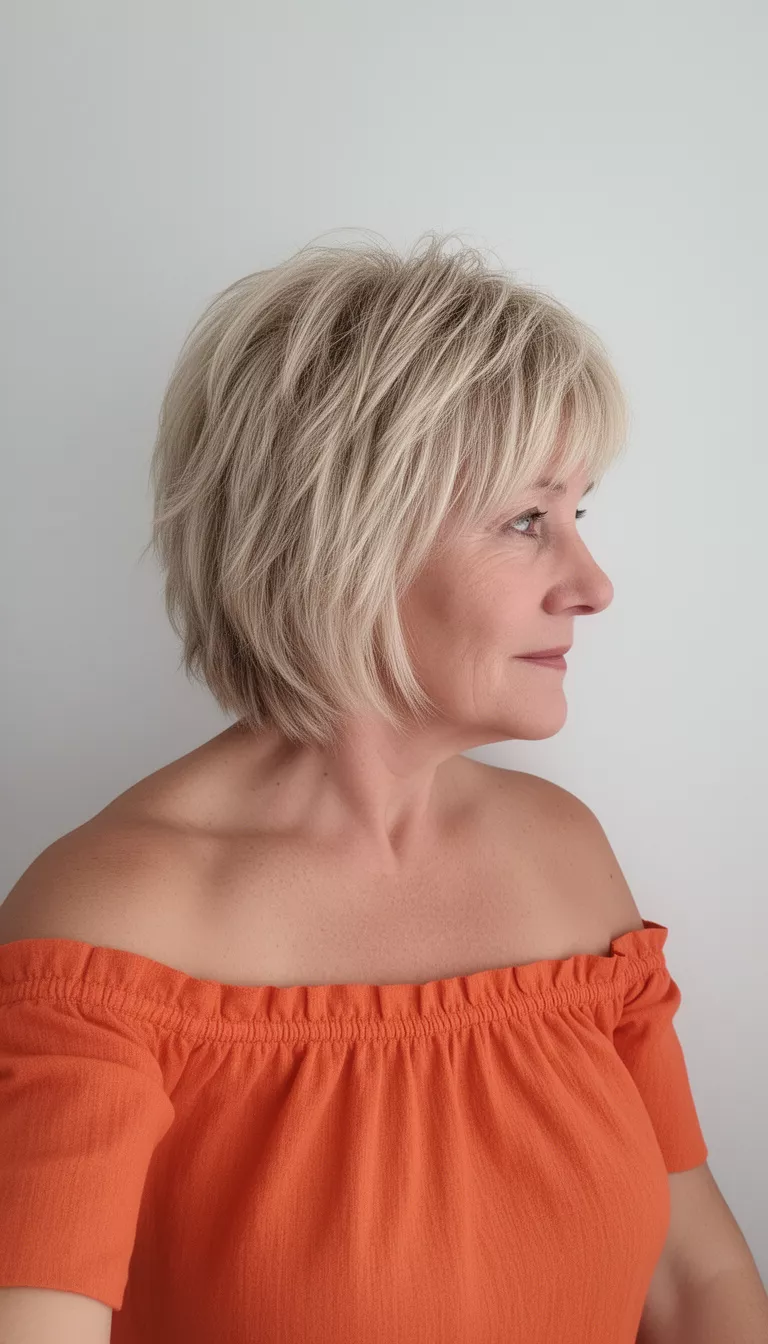 selfie of a 63-year-old woman wearing an orange off-the-shoulder top with a medium blonde, heavily layered shag hairstyle, side profile view, minimal background