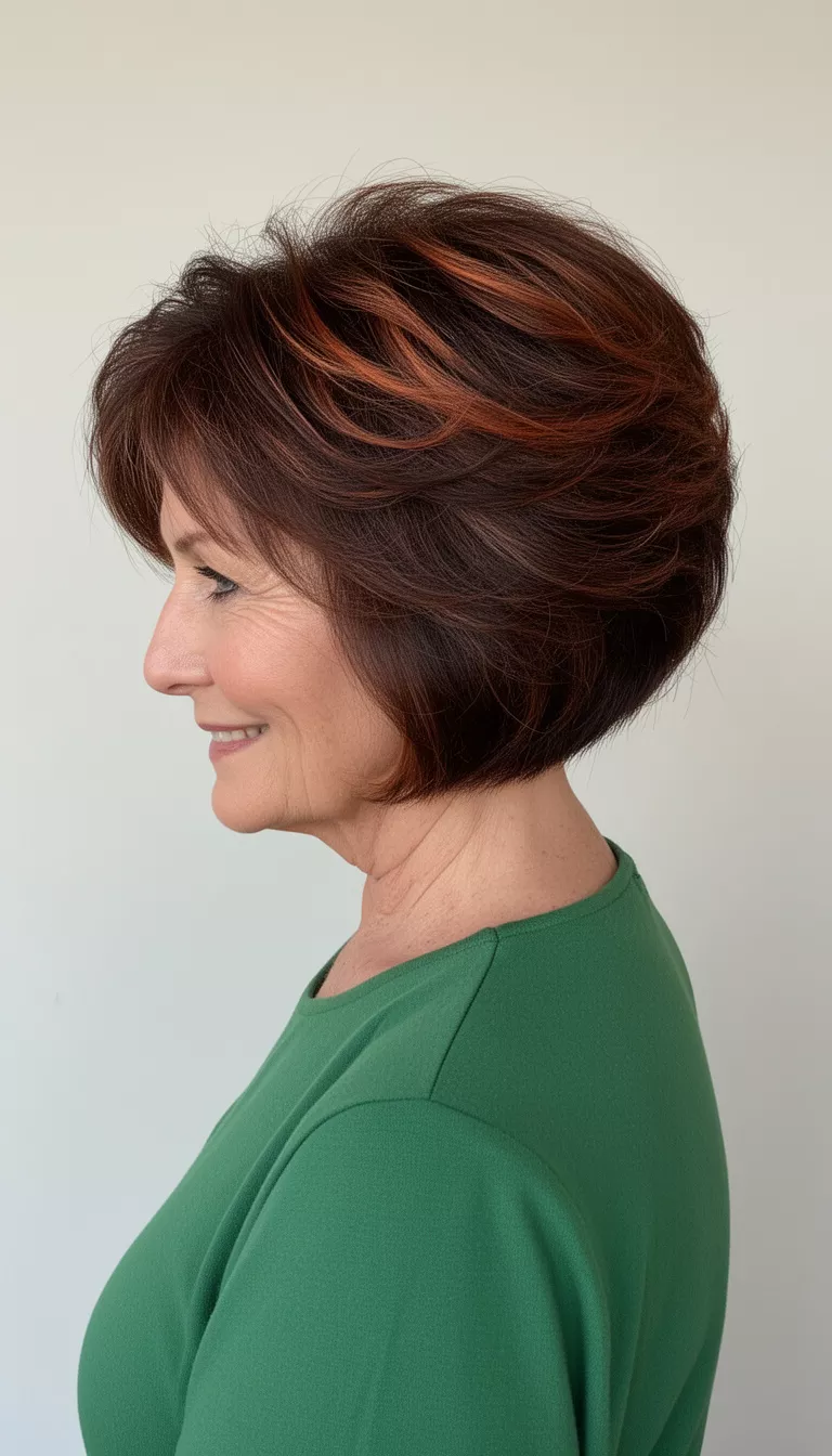 selfie of a 69-year-old woman wearing a green top with a dark brown, voluminous, layered, stacked bob hairstyle featuring copper highlights, side back view, minimal background