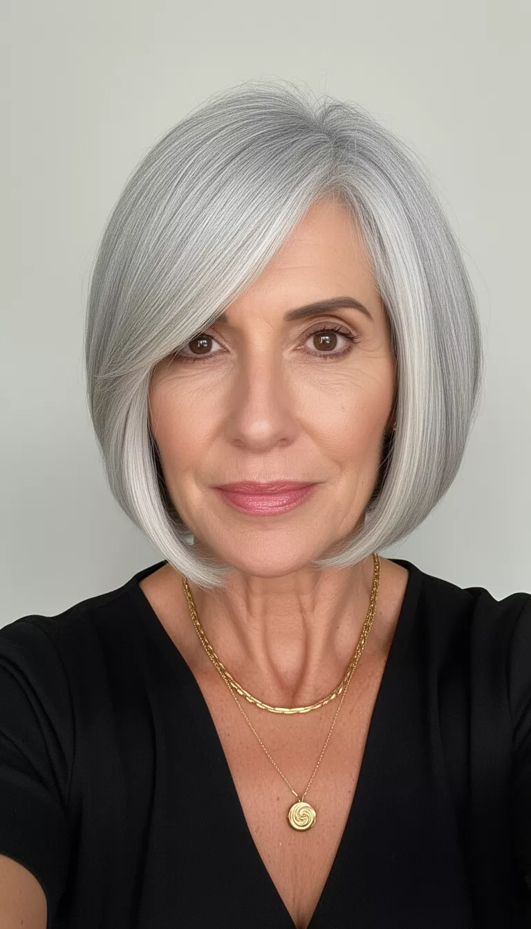 selfie of a 66-year-old woman wearing a black top and gold jewelry with an elegant, silver-gray bob hairstyle featuring long, sweeping side bangs, front view, minimal background