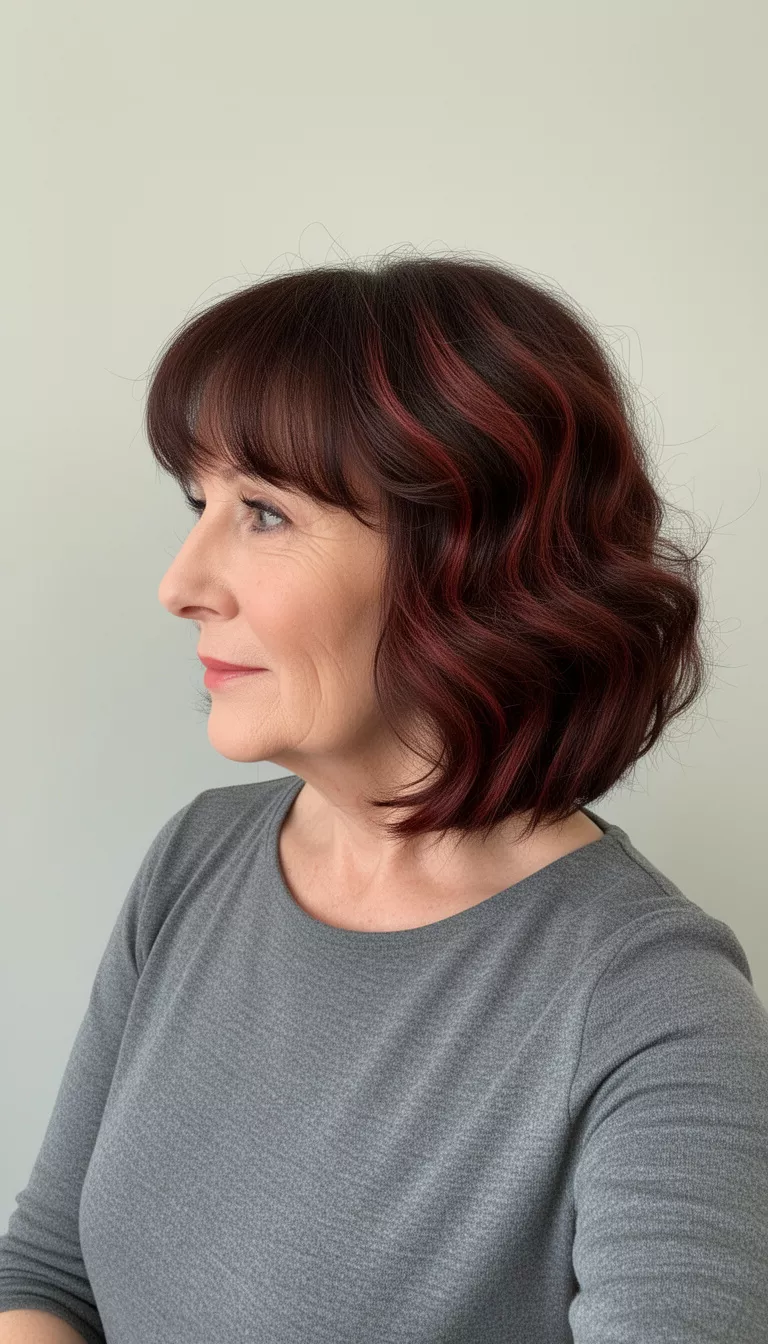 selfie of a 65-year-old woman wearing a gray top with a dark brown, layered, wavy medium bob hairstyle featuring reddish highlights and soft bangs, profile view, minimal background