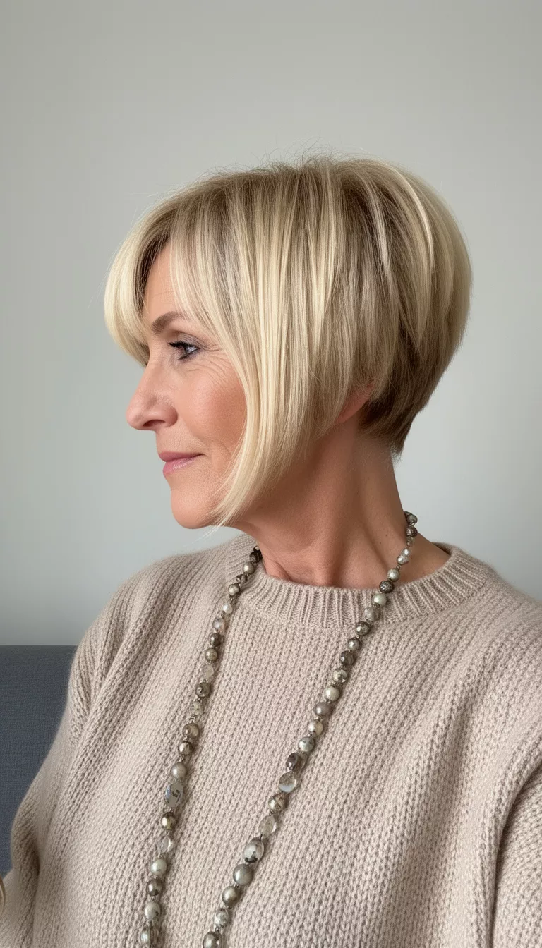 selfie of a 60-year-old woman wearing a light beige knit sweater and long beaded necklace with a blonde pixie hairstyle featuring long, side-swept bangs, side profile view, minimal background