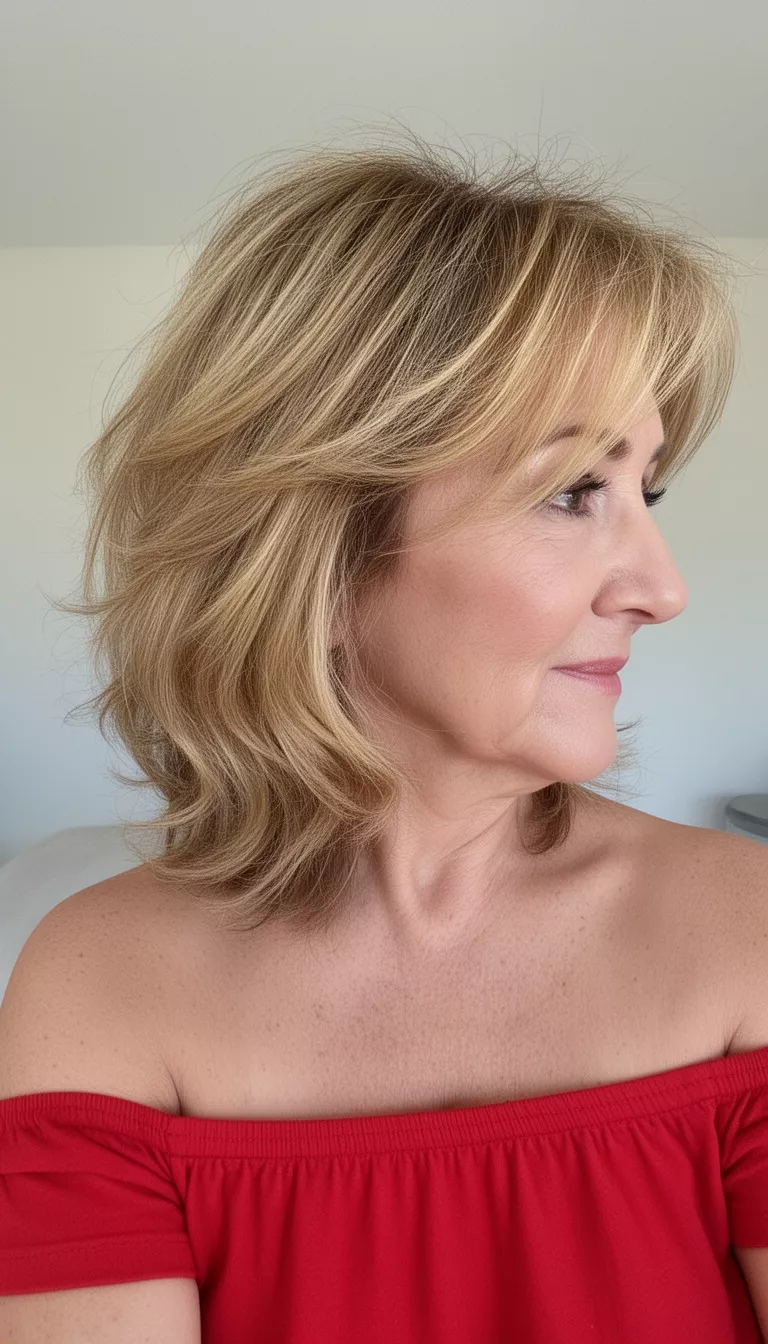 selfie of a 65-year-old woman wearing a red off-the-shoulder top with a layered, tousled, golden blonde hairstyle featuring warm highlights, side profile view, minimal background