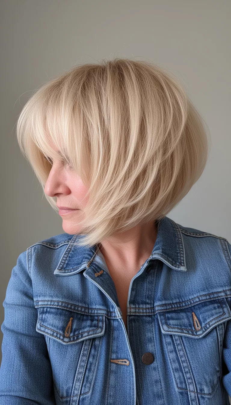 selfie of a 61-year-old woman wearing a denim jacket with a voluminous, blonde, heavily layered, stacked A-line bob hairstyle, side view, minimal background