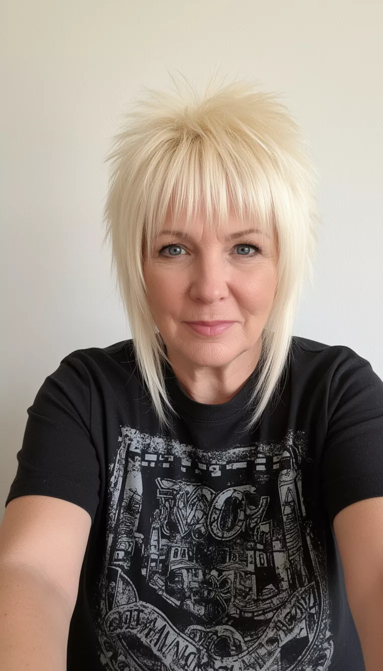selfie of a 62-year-old woman wearing a black graphic t-shirt with a bright blonde, shorter feathered hairstyle and long bangs, front view, minimal background