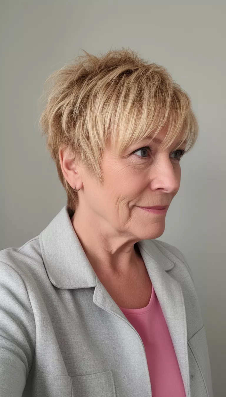 selfie of a 68-year-old woman wearing a light gray jacket over a pink top with a short, choppy, layered, golden blonde hairstyle featuring piecey bangs, side view, minimal background