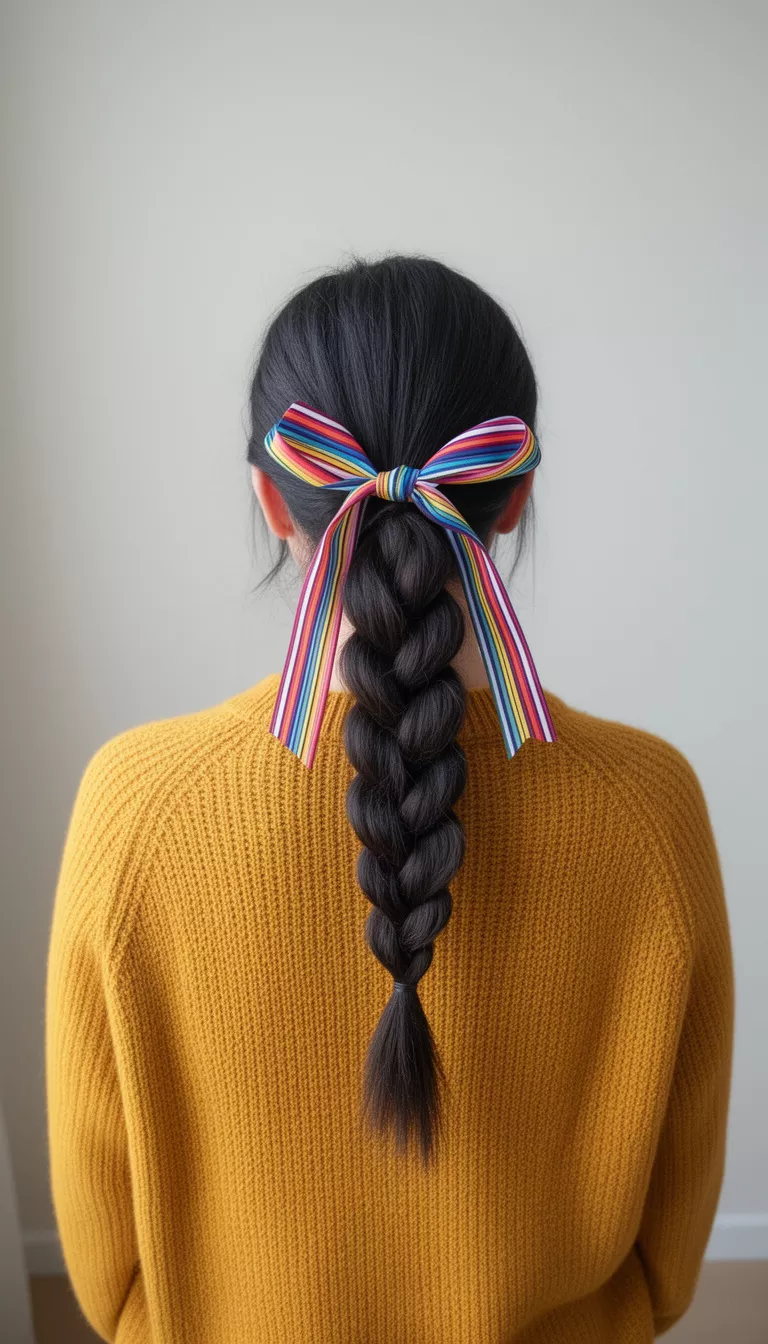 selfie of a 36-year-old woman wearing a mustard yellow sweater with a half-up dark ponytail with a chunky cascading braid and colorful striped ribbon hairstyle, back view, minimal background
