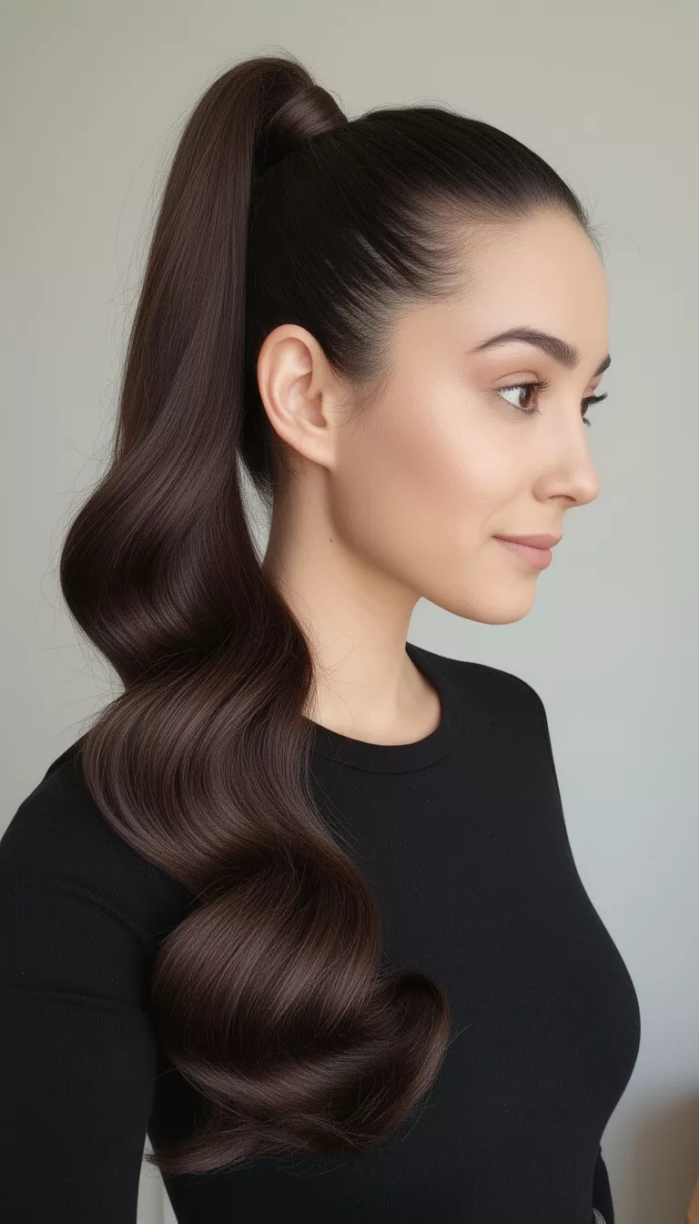 selfie of a 30-year-old woman wearing a plain black top with a very high sleek dark brown ponytail with voluminous wide side-swept curls hairstyle, profile view, minimal background