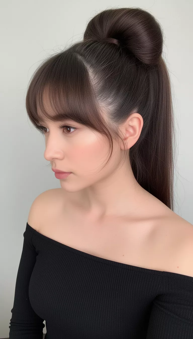 selfie of a 36-year-old woman wearing a black off-the-shoulder top with a sleek very high dark brown ponytail with a large voluminous pouf top and soft side-swept bangs hairstyle, close-up profile, minimal background