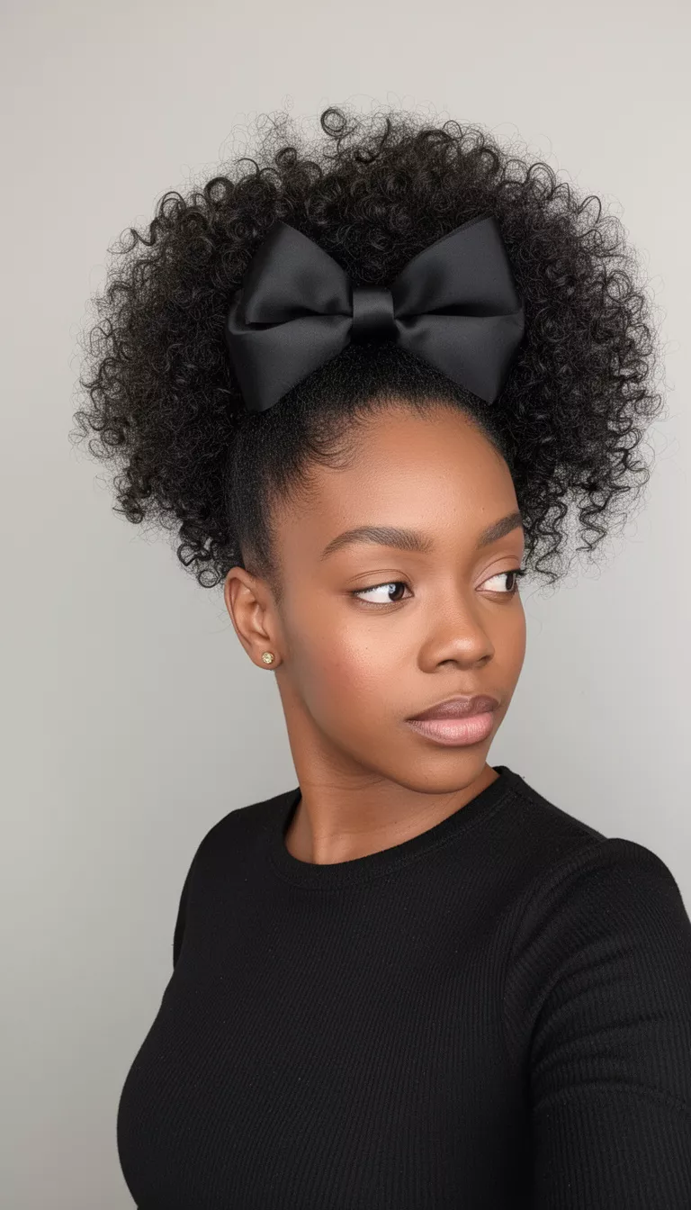 selfie of a 34-year-old woman wearing a black top with a dark finely textured curly hair voluminous high puff ponytail with a large black bow hairstyle, three-quarter profile, minimal background