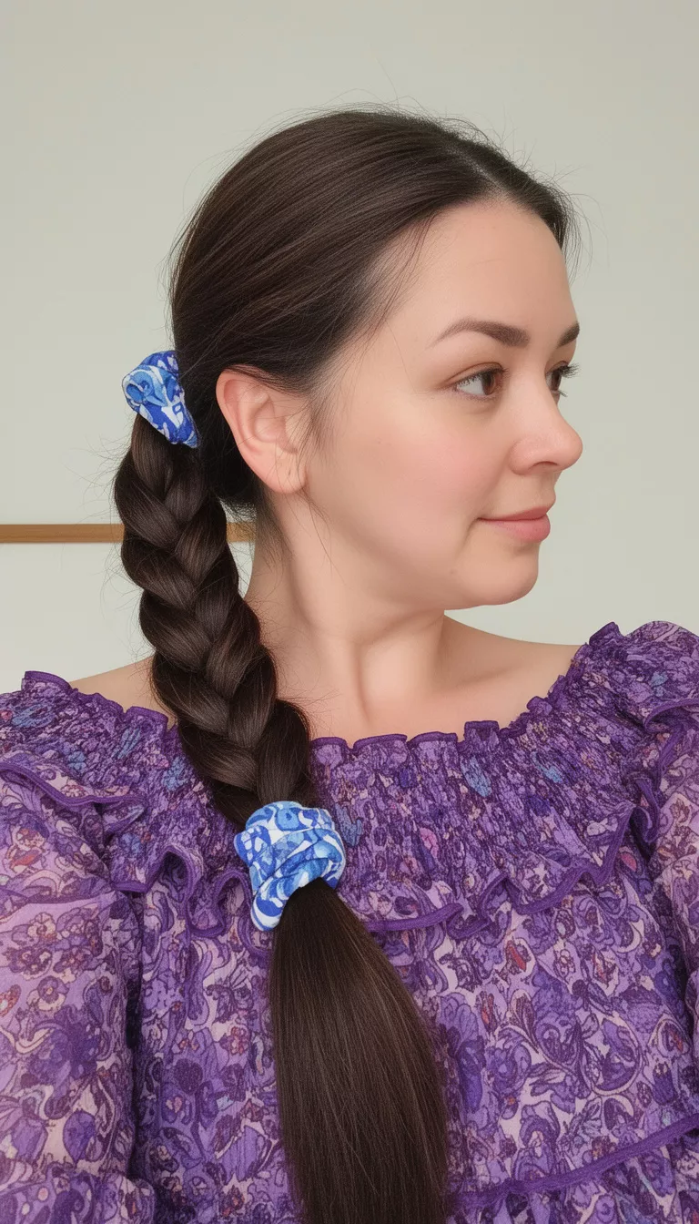 selfie of a 32-year-old woman wearing a ruffled purple print top with a long dark brown ponytail with a blue and white patterned scrunchie woven into a braid hairstyle, side view, minimal background