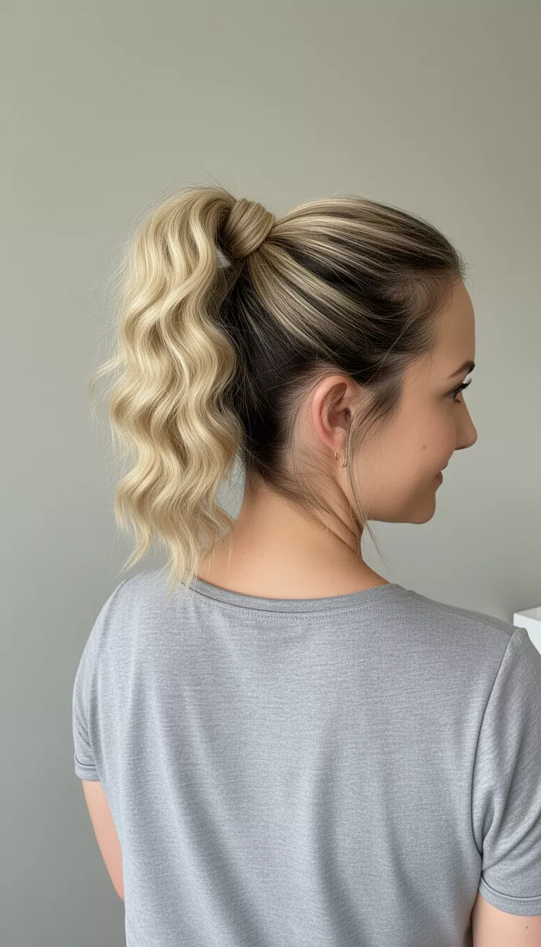 selfie of a 35-year-old woman wearing a casual top with a blonde bubble segmented high ponytail with dark roots hairstyle, back view, minimal background