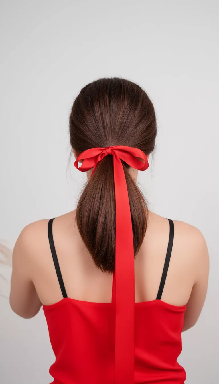 selfie of a 31-year-old woman wearing a bright red top with black straps with a tight high medium brown ponytail secured with a long flowing red ribbon hairstyle, back view, minimal background