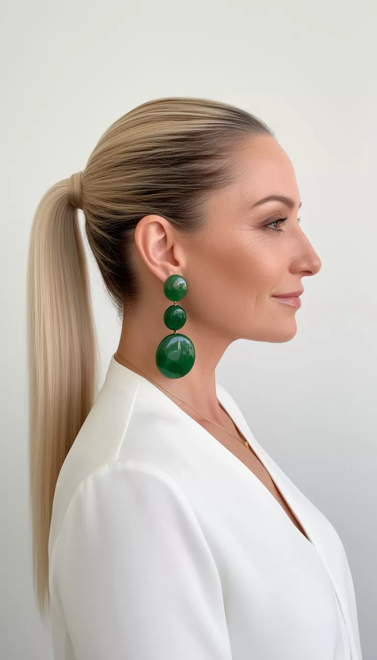 selfie of a 37-year-old woman wearing an elegant white top and large green earrings with a sleek high blonde ponytail hairstyle, profile view, minimal background
