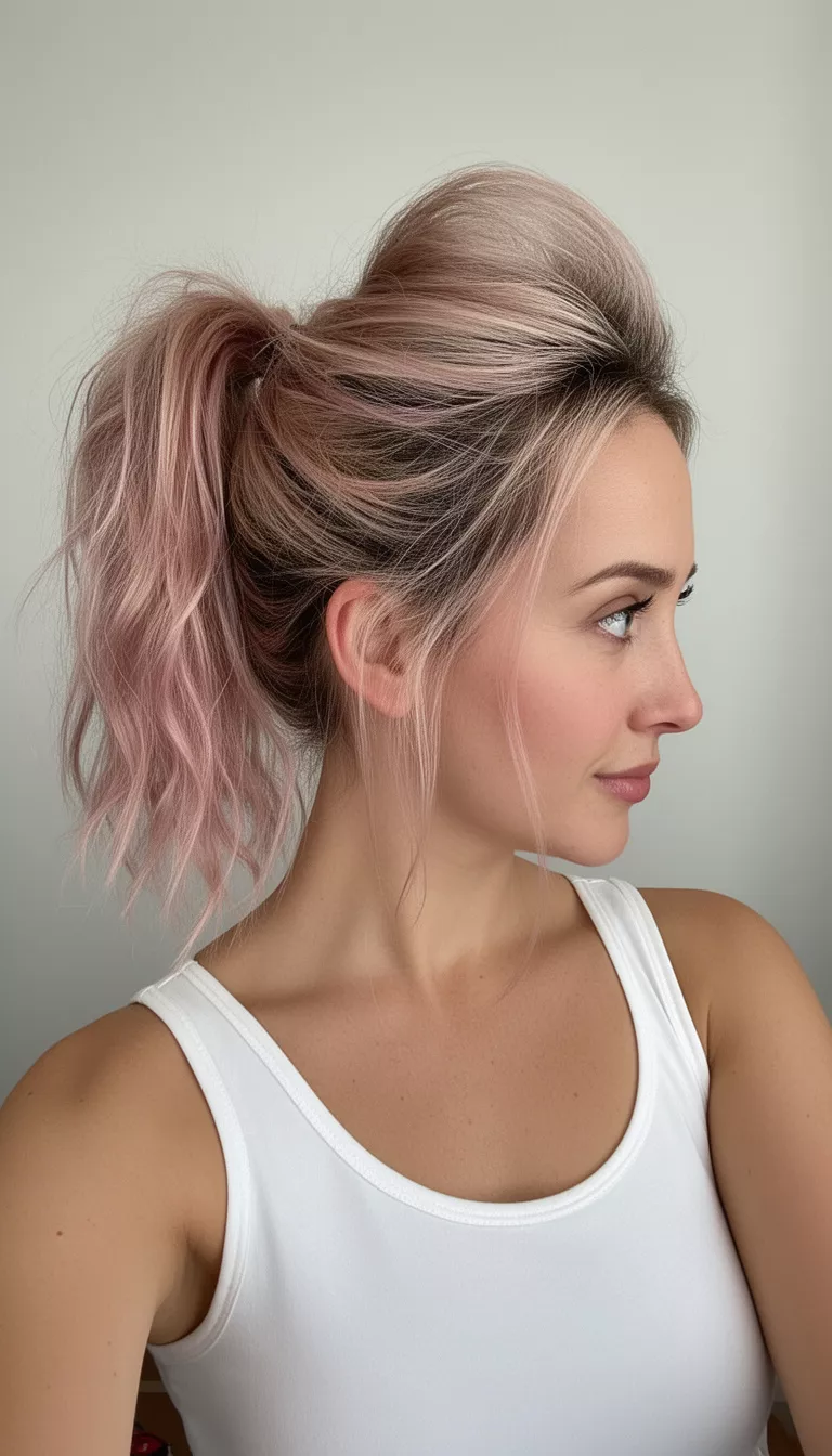 selfie of a 32-year-old woman wearing a white tank top with a messy textured mid-height blonde ponytail with subtle pink streaks and a pouf hairstyle, profile view, minimal background