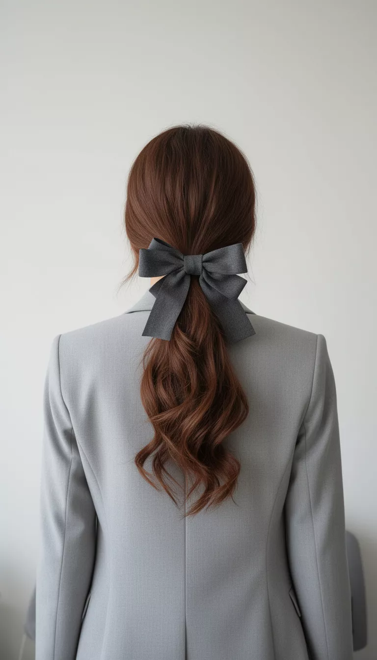 selfie of a 38-year-old woman wearing a light gray blazer with a long wavy brown hair low ponytail with a large dark gray bow hairstyle, back view, minimal background