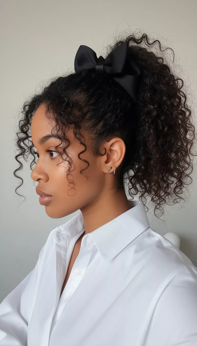 selfie of a 29-year-old woman wearing a collared white shirt with a very curly dark hair high ponytail secured with a large black bow hairstyle, profile view, minimal background