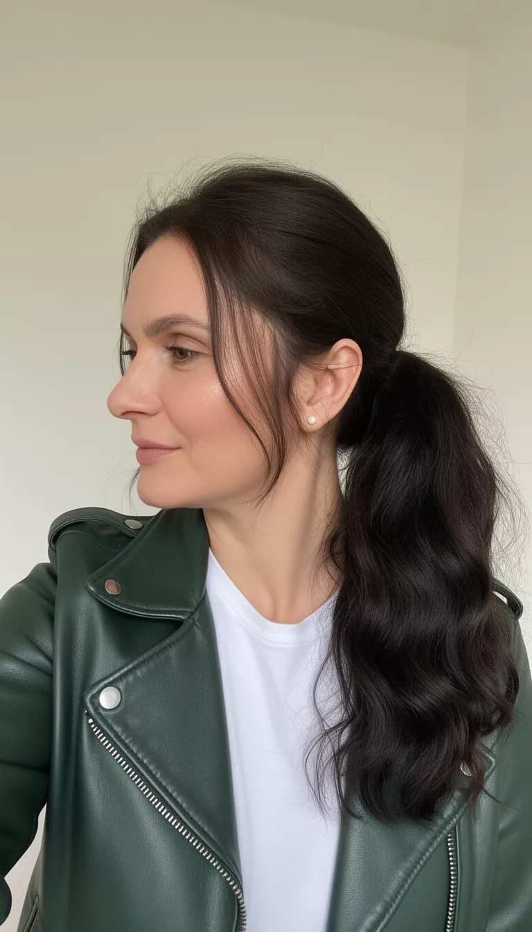 selfie of a 37-year-old woman wearing a white t-shirt and dark green leather jacket with a dark wavy hair low ponytail hairstyle, side view, minimal background