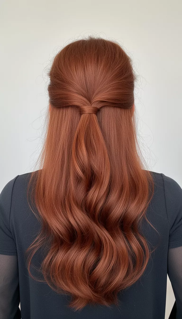 selfie of a 41-year-old woman wearing a dark top with a long voluminous auburn hair half-up with a twisted detail hairstyle, back view, minimal background