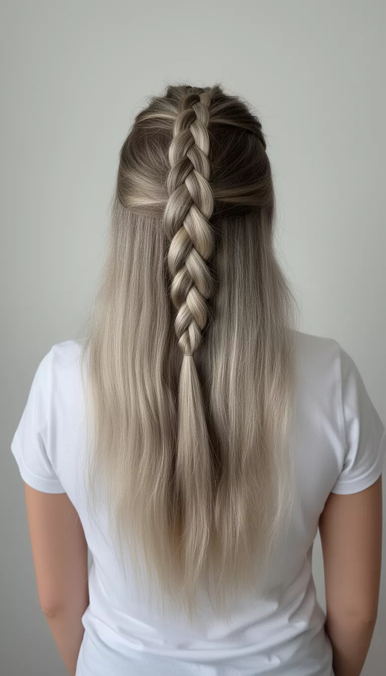 selfie of a 31-year-old woman wearing a white t-shirt with a long ash-blonde hairstyle with a half-up central vertical braid hairstyle, back view, minimal background