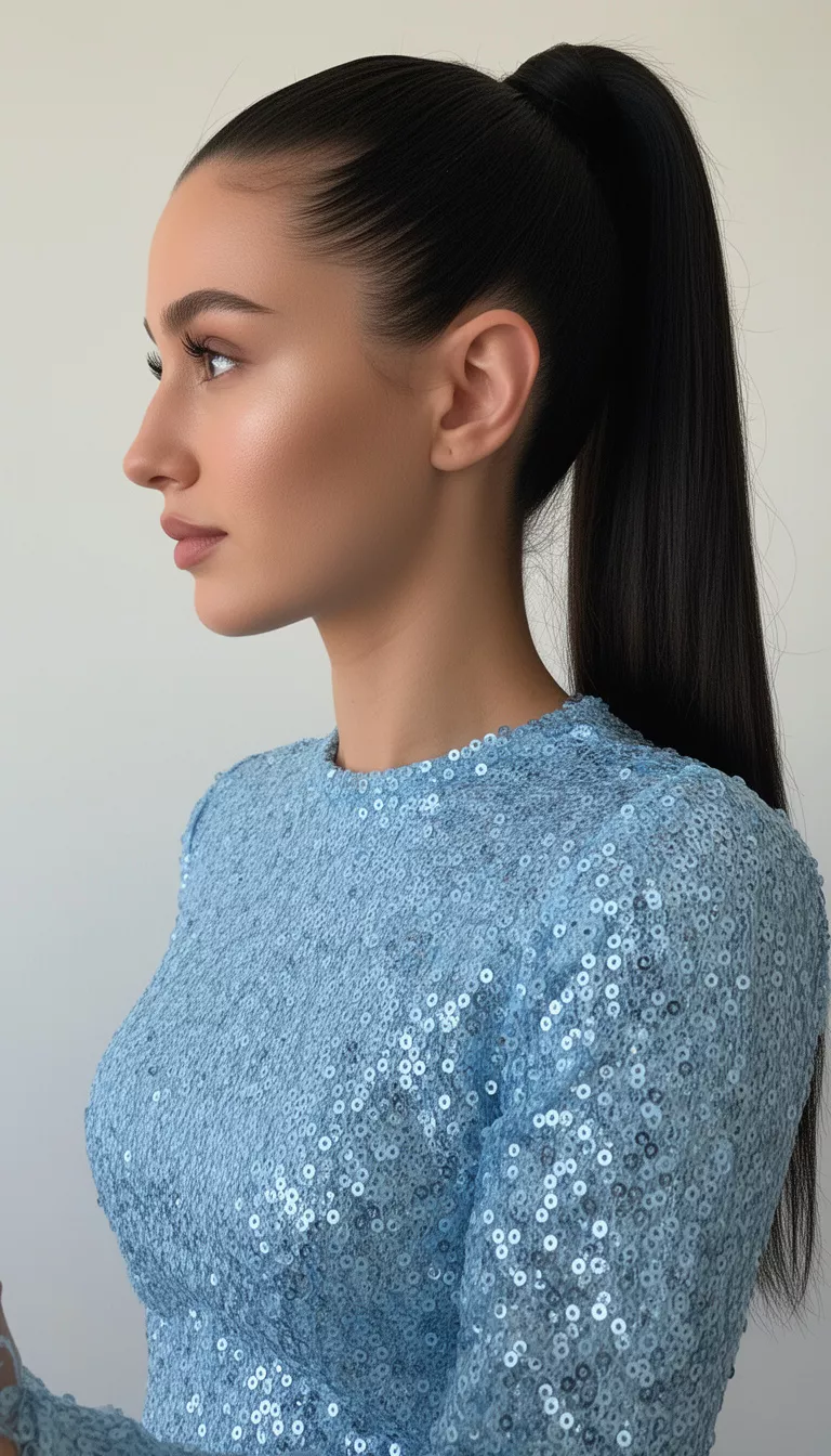 selfie of a 29-year-old woman wearing a shimmering light blue sequined top with a high sleek dark hair ponytail hairstyle, profile view, minimal background