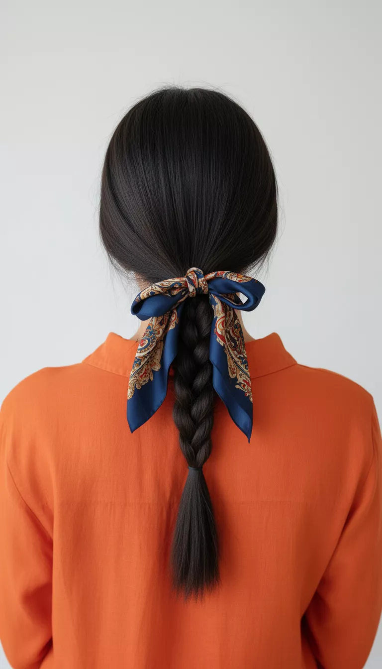 selfie of a 30-year-old woman wearing an orange shirt with a straight dark hair low braid secured with a patterned silk scarf hairstyle, back view, minimal background